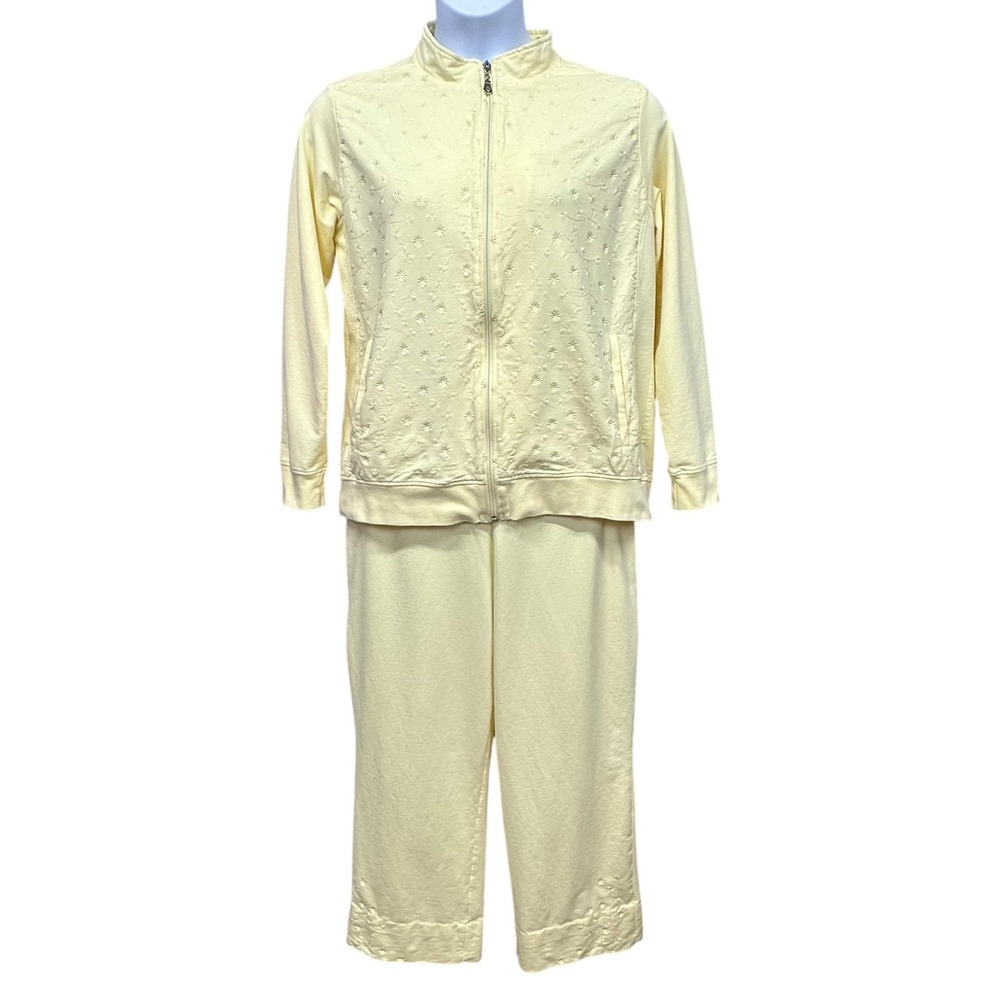 Drapers & Damons Jacket Pants Set‎ Womens XL Yellow Zip Capri Embroidered Lounge